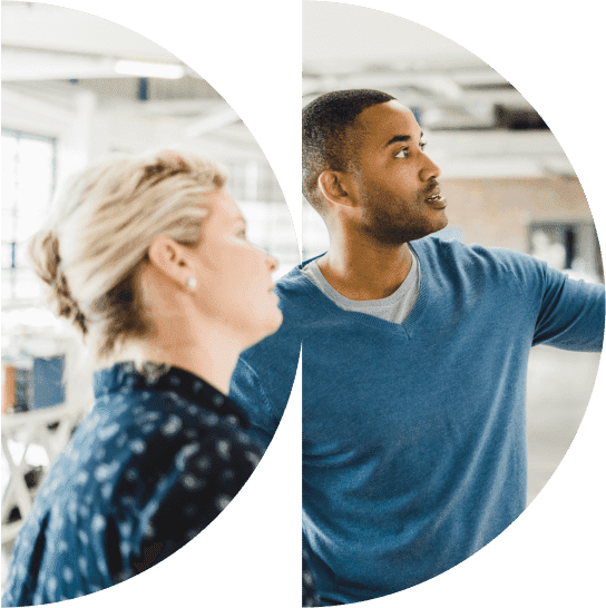 A man and a woman in a circle talking to each other.